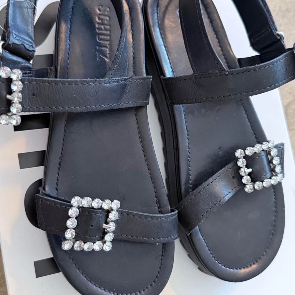 SCHUTZ Black Platform Sandals with Sparkling Buckles